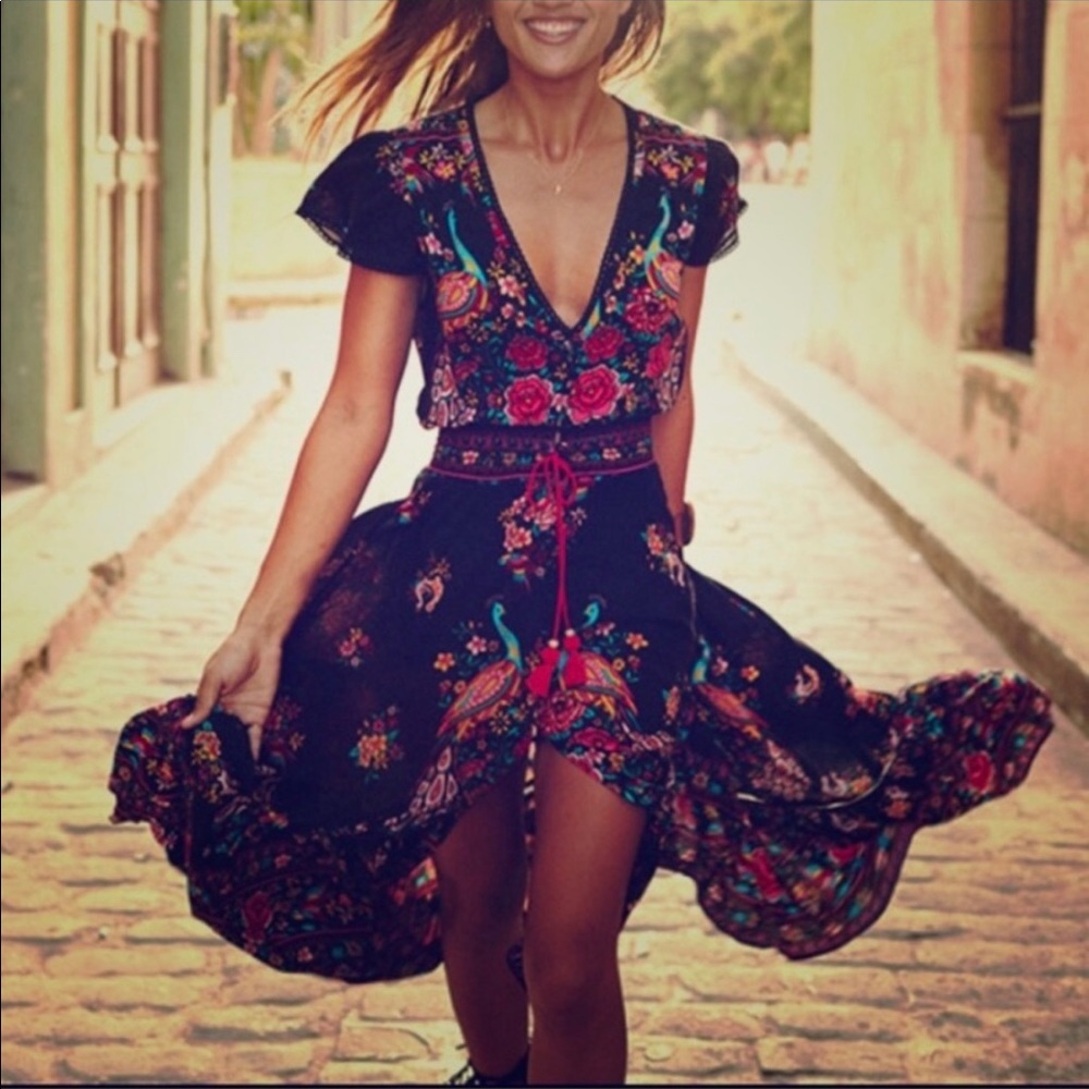 Boho Paradise Bird Asymmetrical Maxi Peasant Dress